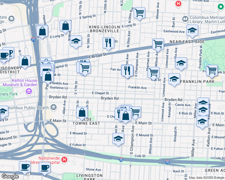 map of restaurants, bars, coffee shops, grocery stores, and more near 1033 Gustavus Lane in Columbus