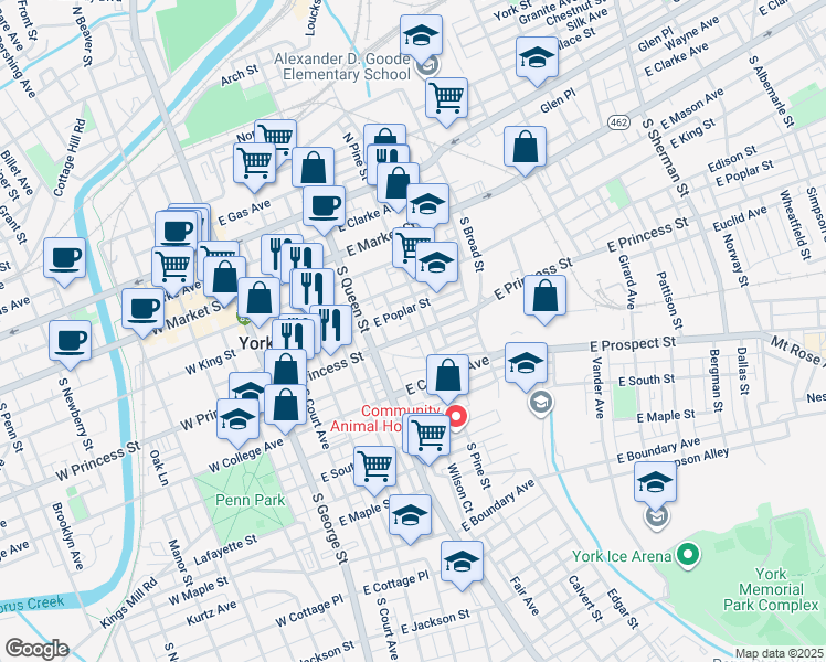 map of restaurants, bars, coffee shops, grocery stores, and more near 253 East Princess Street in York