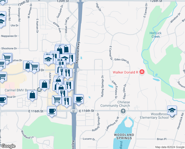 map of restaurants, bars, coffee shops, grocery stores, and more near 10 Sue Springs Court in Carmel