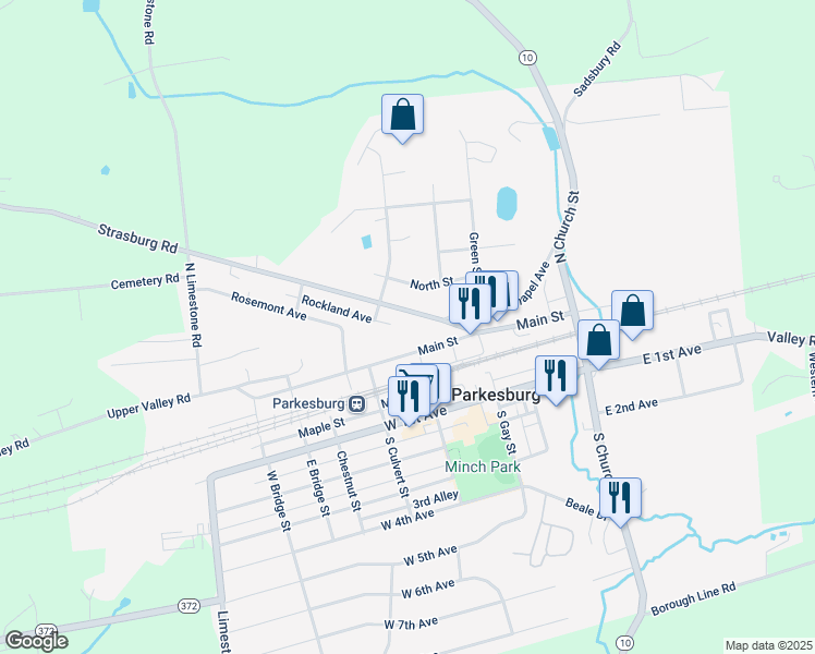 map of restaurants, bars, coffee shops, grocery stores, and more near 360 Strasburg Avenue in Parkesburg