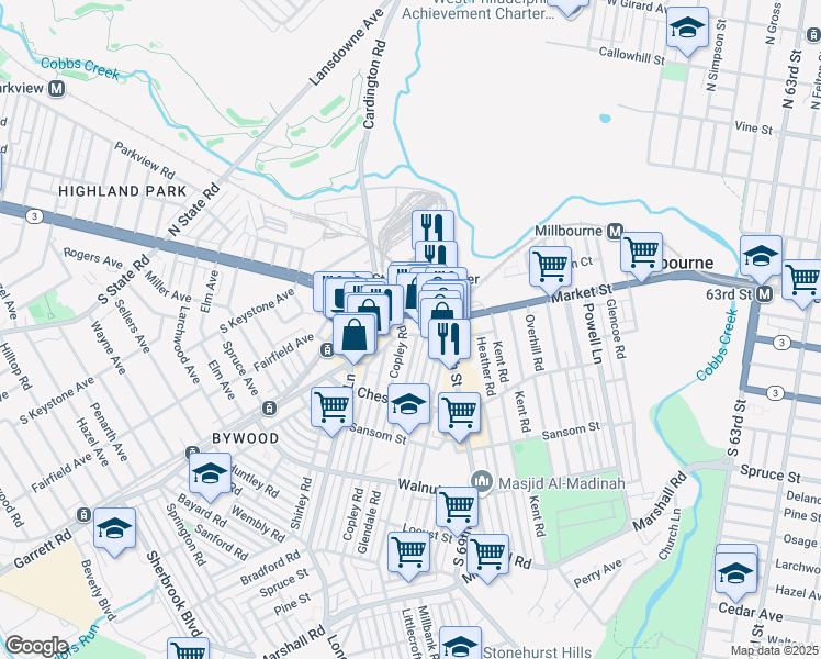 map of restaurants, bars, coffee shops, grocery stores, and more near 6933 Ludlow Street in Upper Darby