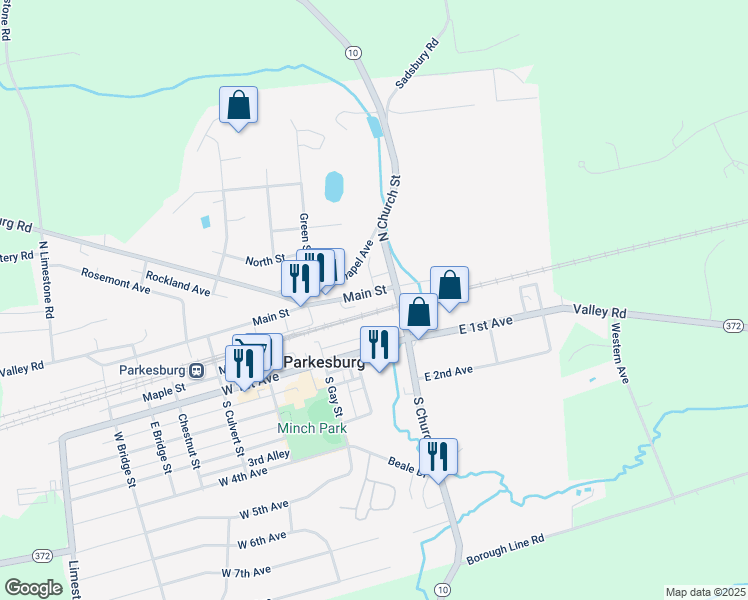 map of restaurants, bars, coffee shops, grocery stores, and more near 120 Main Street in Parkesburg