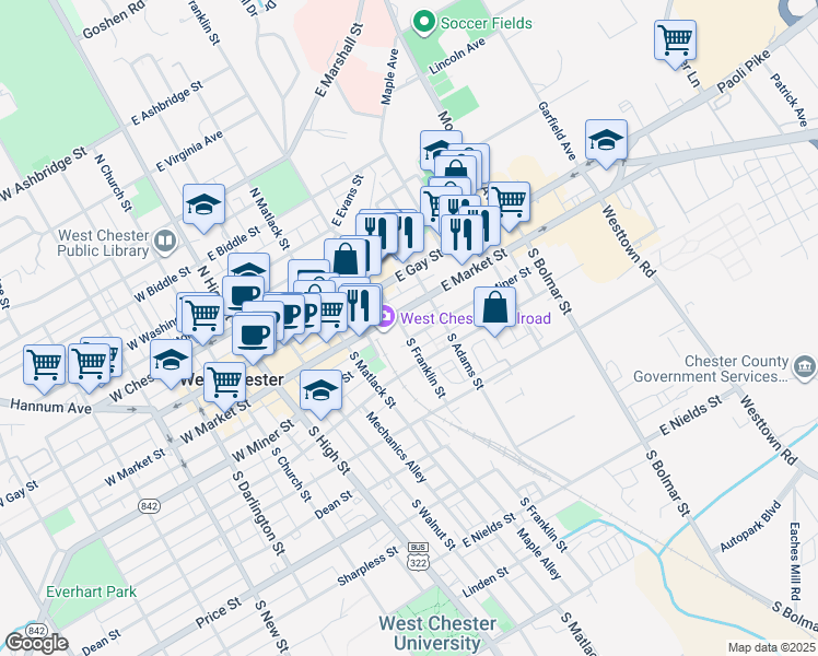 map of restaurants, bars, coffee shops, grocery stores, and more near 305 East Miner Street in West Chester