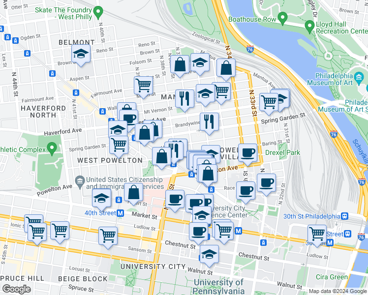 map of restaurants, bars, coffee shops, grocery stores, and more near 3712 Hamilton Street in Philadelphia