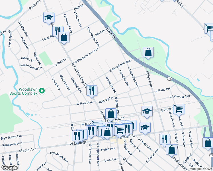 map of restaurants, bars, coffee shops, grocery stores, and more near 500 North Maple Avenue in Maple Shade