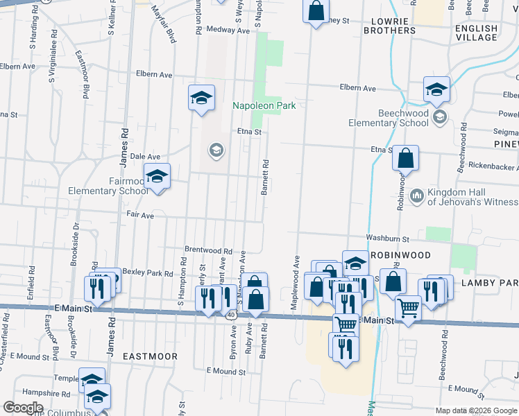 map of restaurants, bars, coffee shops, grocery stores, and more near 532 Barnett Road in Columbus