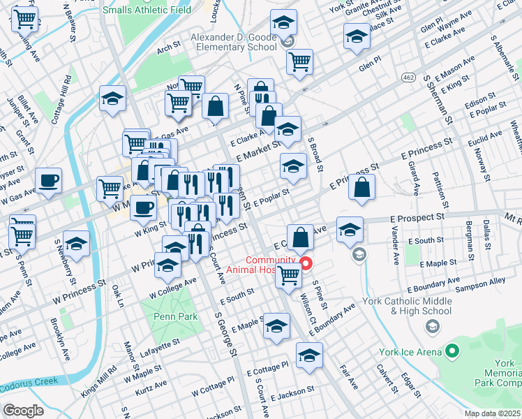 map of restaurants, bars, coffee shops, grocery stores, and more near 143 Susquehanna Avenue in York