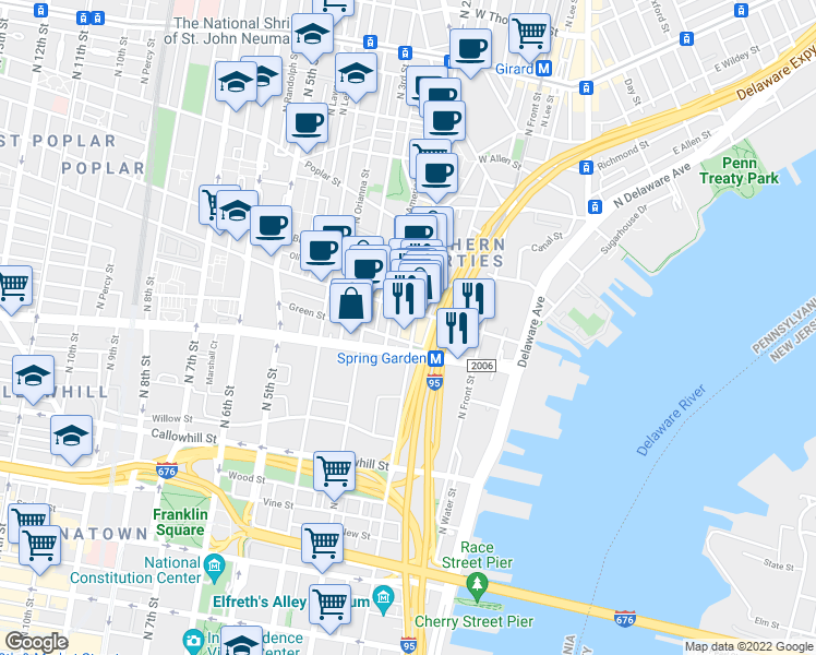 map of restaurants, bars, coffee shops, grocery stores, and more near 614 North 2nd Street in Philadelphia