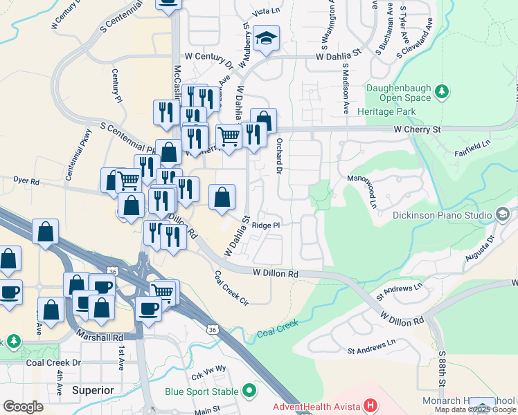 map of restaurants, bars, coffee shops, grocery stores, and more near 615 Ridgeview Drive in Louisville