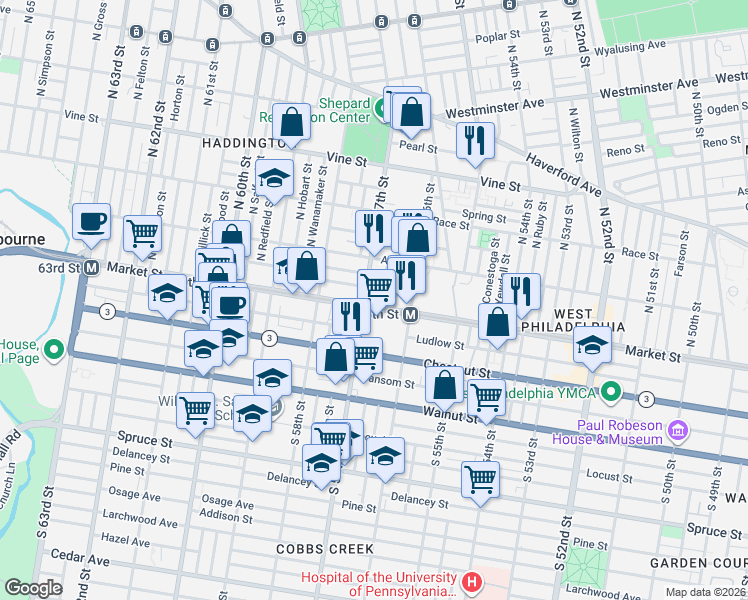 map of restaurants, bars, coffee shops, grocery stores, and more near 15 North Frazier Street in Philadelphia