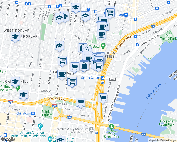 map of restaurants, bars, coffee shops, grocery stores, and more near 601 North 3rd Street in Philadelphia