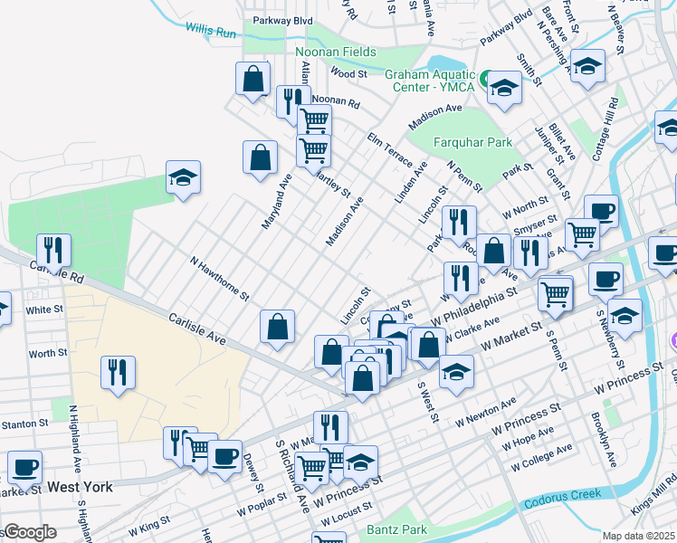 map of restaurants, bars, coffee shops, grocery stores, and more near 603 Linden Avenue in York
