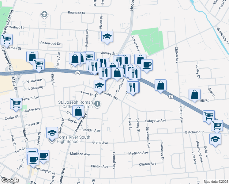 map of restaurants, bars, coffee shops, grocery stores, and more near 807 Lowell Avenue in Toms River