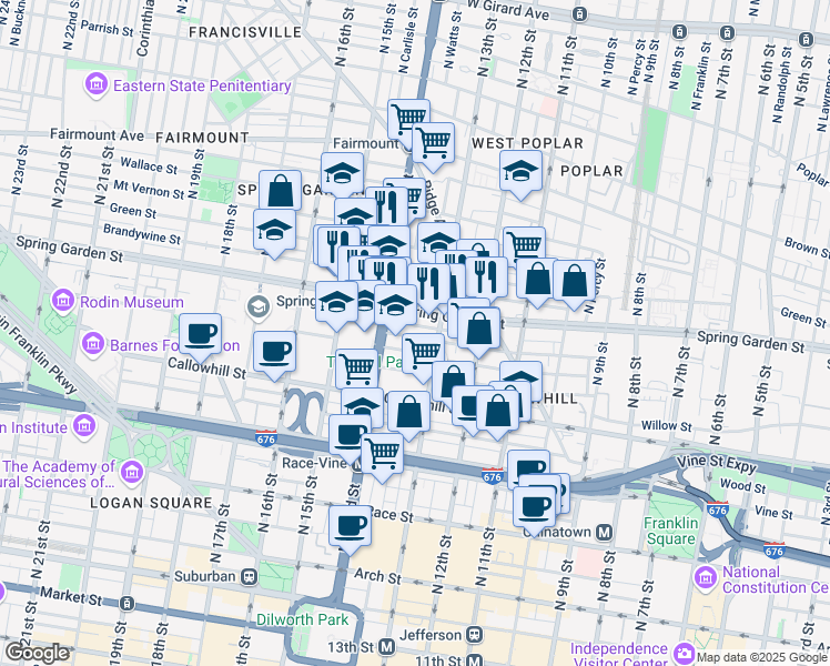 map of restaurants, bars, coffee shops, grocery stores, and more near 1323 Buttonwood Street in Philadelphia