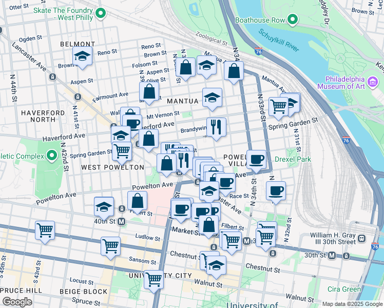 map of restaurants, bars, coffee shops, grocery stores, and more near 3708 Hamilton Street in Philadelphia