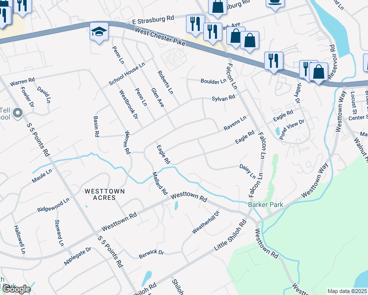 map of restaurants, bars, coffee shops, grocery stores, and more near 1206 Ravens Lane in West Chester