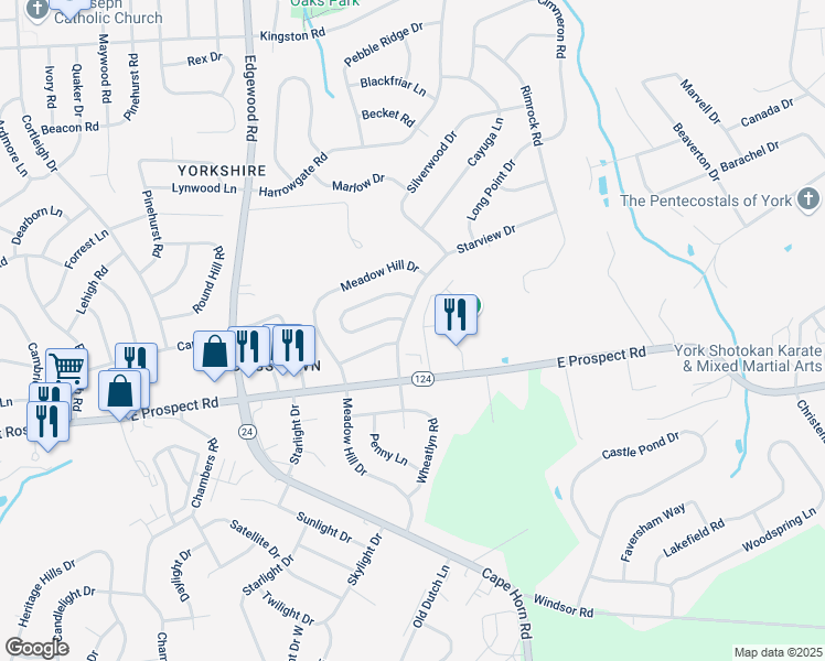 map of restaurants, bars, coffee shops, grocery stores, and more near 3825 Starview Drive in York