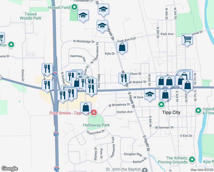 map of restaurants, bars, coffee shops, grocery stores, and more near 634 West Walnut Street in Tipp City