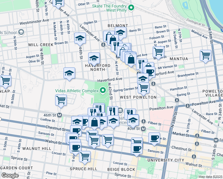 map of restaurants, bars, coffee shops, grocery stores, and more near 4129 Spring Garden Street in Philadelphia