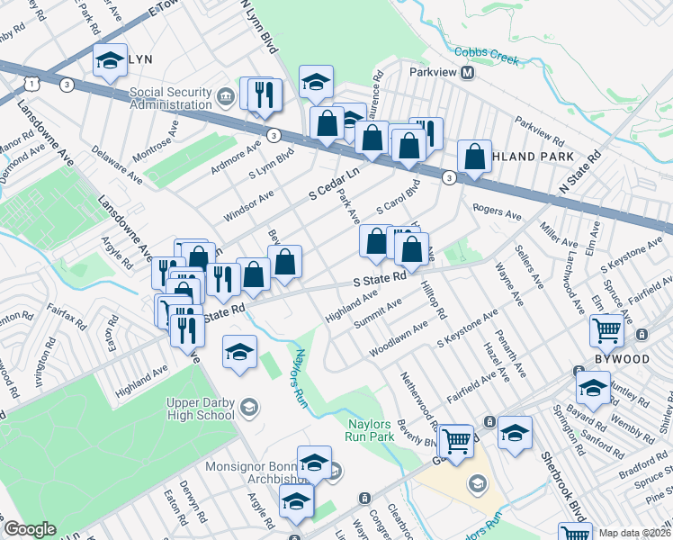 map of restaurants, bars, coffee shops, grocery stores, and more near 243 South Fairview Avenue in Delaware County