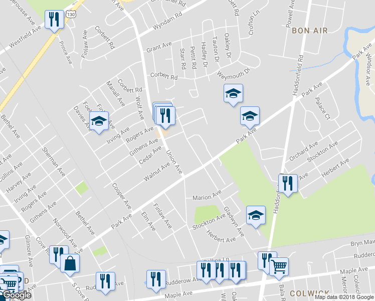 map of restaurants, bars, coffee shops, grocery stores, and more near 3237 Gladwyn Avenue in Pennsauken Township