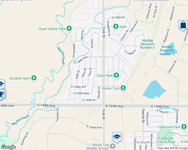 map of restaurants, bars, coffee shops, grocery stores, and more near 14625 Gaylord Street in Thornton