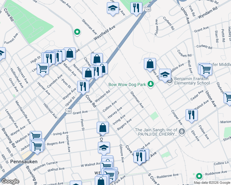 map of restaurants, bars, coffee shops, grocery stores, and more near 6745 Grant Avenue in Pennsauken Township