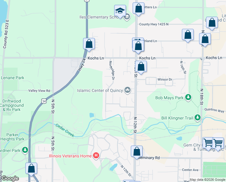 map of restaurants, bars, coffee shops, grocery stores, and more near 2440 Cedar Creek Court in Quincy