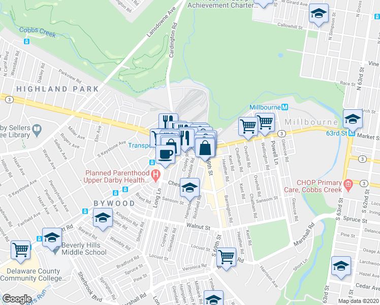map of restaurants, bars, coffee shops, grocery stores, and more near 6933 Ludlow Street in Upper Darby