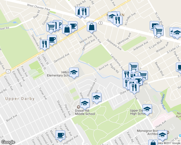 map of restaurants, bars, coffee shops, grocery stores, and more near 2419 Bond Avenue in Drexel Hill