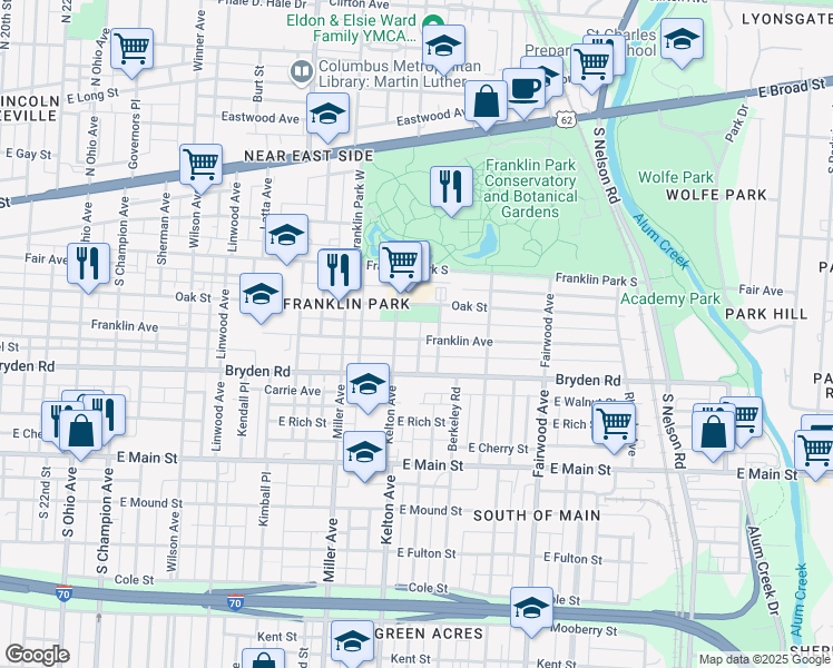 map of restaurants, bars, coffee shops, grocery stores, and more near 1582 Franklin Avenue in Columbus