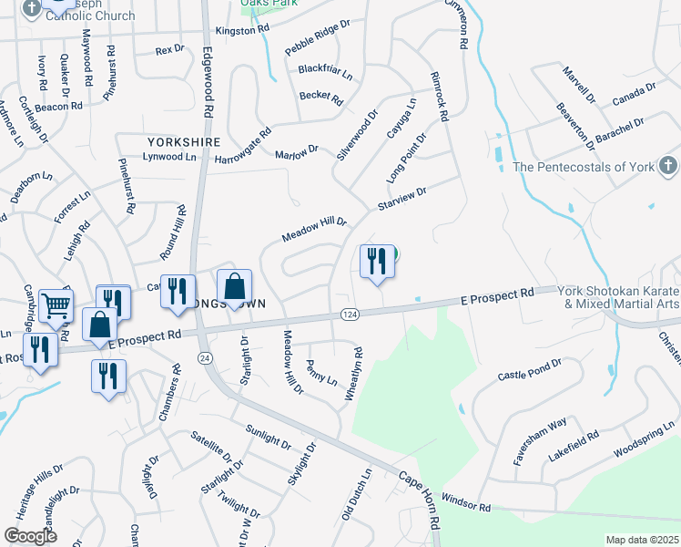 map of restaurants, bars, coffee shops, grocery stores, and more near 3825 Starview Drive in York