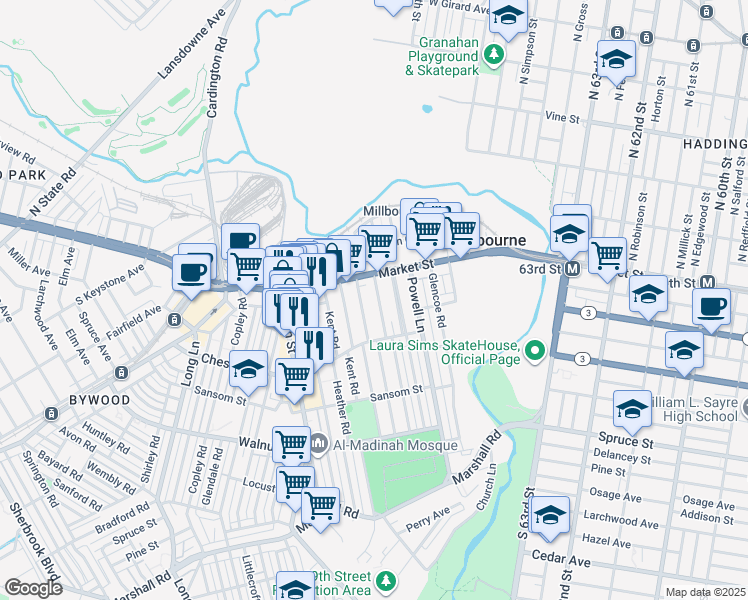 map of restaurants, bars, coffee shops, grocery stores, and more near 18 Marlborough Road in Delaware County