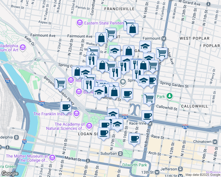 map of restaurants, bars, coffee shops, grocery stores, and more near 452 North 18th Street in Philadelphia