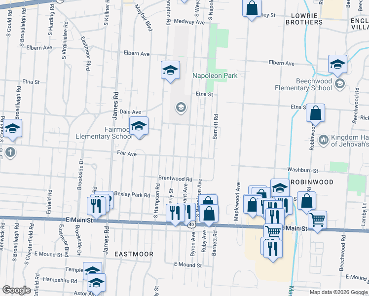 map of restaurants, bars, coffee shops, grocery stores, and more near 523 South Weyant Avenue in Columbus