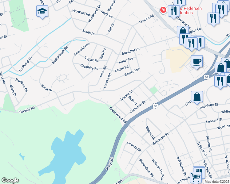 map of restaurants, bars, coffee shops, grocery stores, and more near 1272 Taxville Road in York