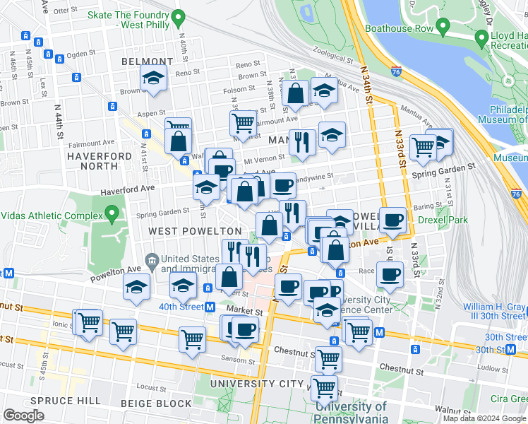 map of restaurants, bars, coffee shops, grocery stores, and more near 3841 Hamilton Street in Philadelphia