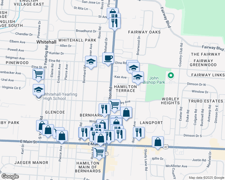 map of restaurants, bars, coffee shops, grocery stores, and more near 718 South Hamilton Road in Whitehall