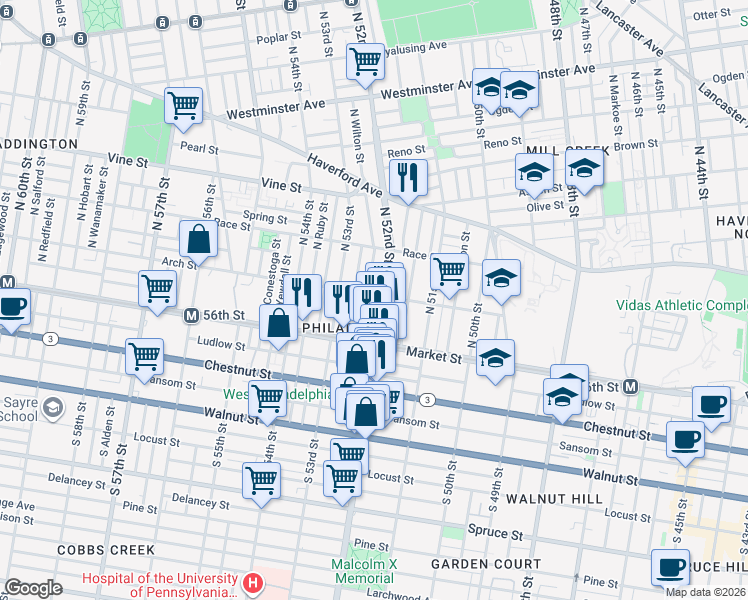 map of restaurants, bars, coffee shops, grocery stores, and more near 5210 Arch Street in Philadelphia