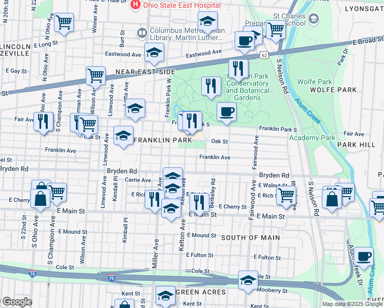 map of restaurants, bars, coffee shops, grocery stores, and more near 1582 Franklin Avenue in Columbus