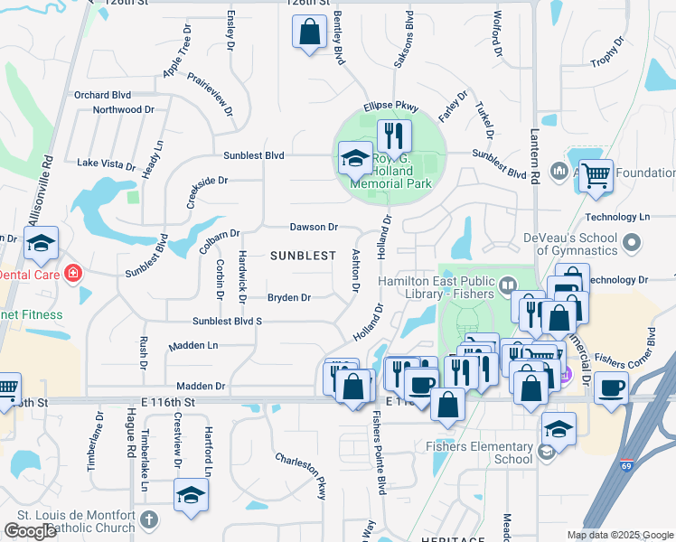 map of restaurants, bars, coffee shops, grocery stores, and more near 7834 Ashton Lane in Fishers