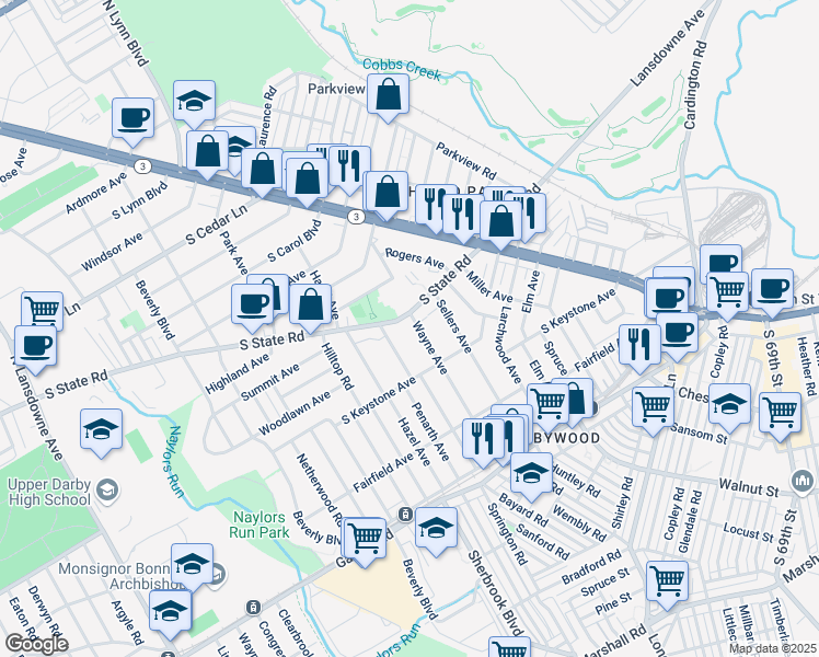 map of restaurants, bars, coffee shops, grocery stores, and more near 7218 Wayne Avenue in Delaware County
