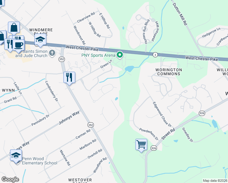 map of restaurants, bars, coffee shops, grocery stores, and more near 810 Hinchley Run in West Chester