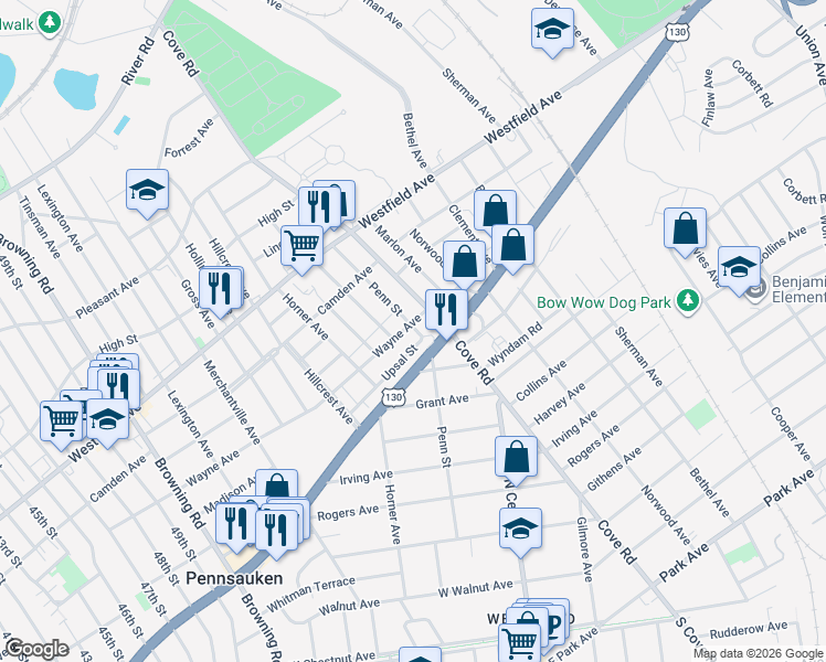 map of restaurants, bars, coffee shops, grocery stores, and more near 6214 Wayne Avenue in Pennsauken Township