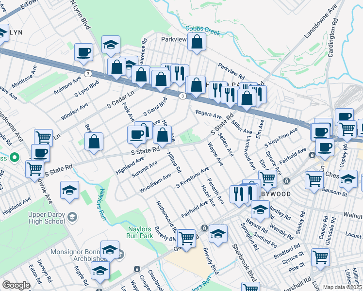 map of restaurants, bars, coffee shops, grocery stores, and more near 89 S State Rd in Delaware