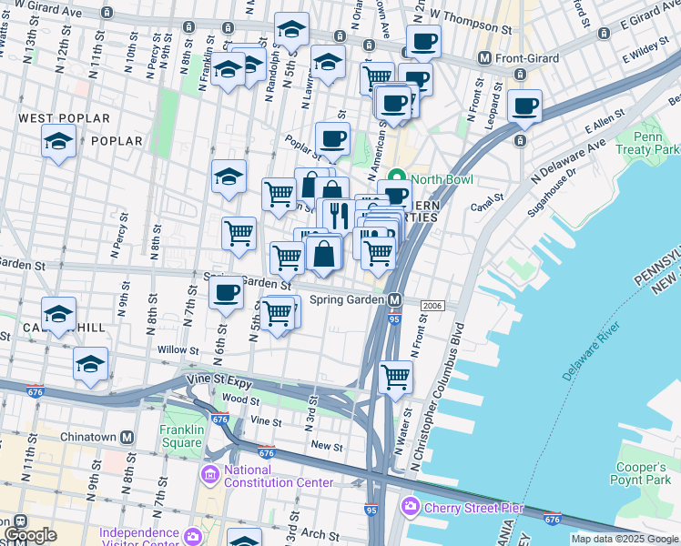 map of restaurants, bars, coffee shops, grocery stores, and more near 601 North 3rd Street in Philadelphia