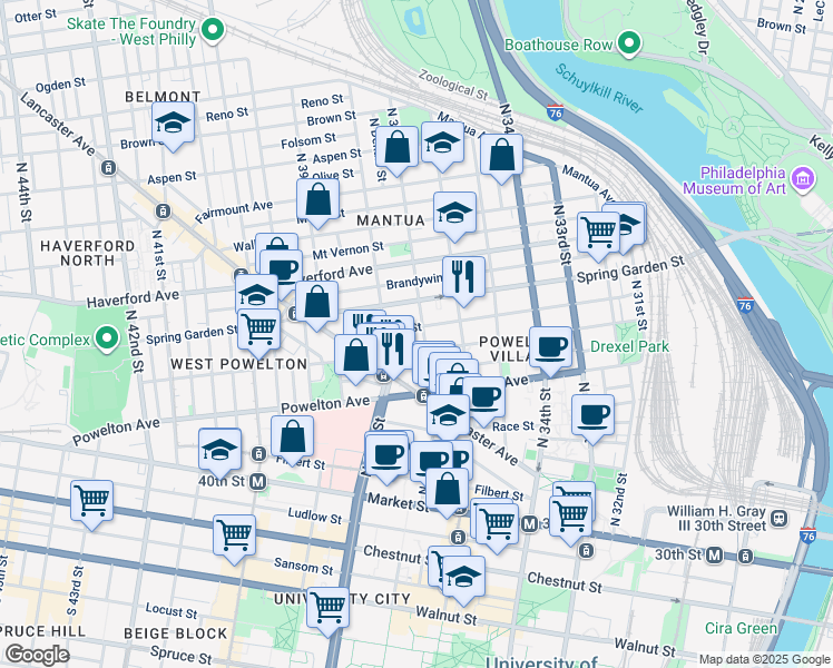 map of restaurants, bars, coffee shops, grocery stores, and more near 3702 Hamilton Street in Philadelphia