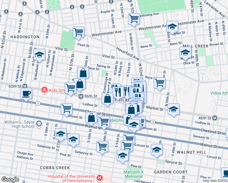 map of restaurants, bars, coffee shops, grocery stores, and more near 35 North 54th Street in Philadelphia