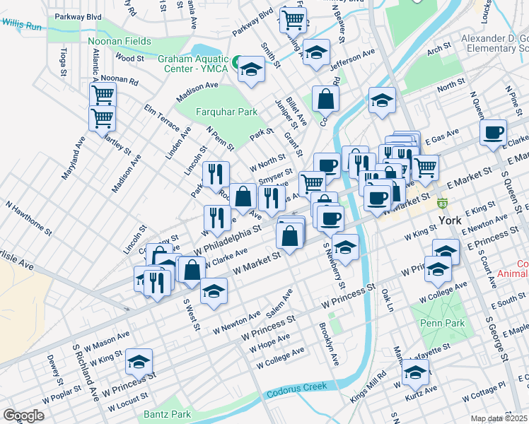 map of restaurants, bars, coffee shops, grocery stores, and more near 120 North Penn Street in York