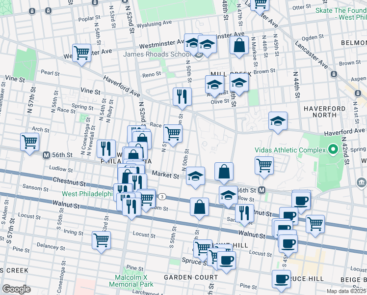 map of restaurants, bars, coffee shops, grocery stores, and more near 108 North 50th Street in Philadelphia